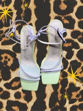 NETWORK | Pastel Green Lilac Strappy Heeled Sandals Square Toe Ankle Wrap | 38
